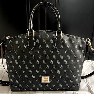 New, Large Dooney and Bourke (Burke), black with gray letter satchel, handbag